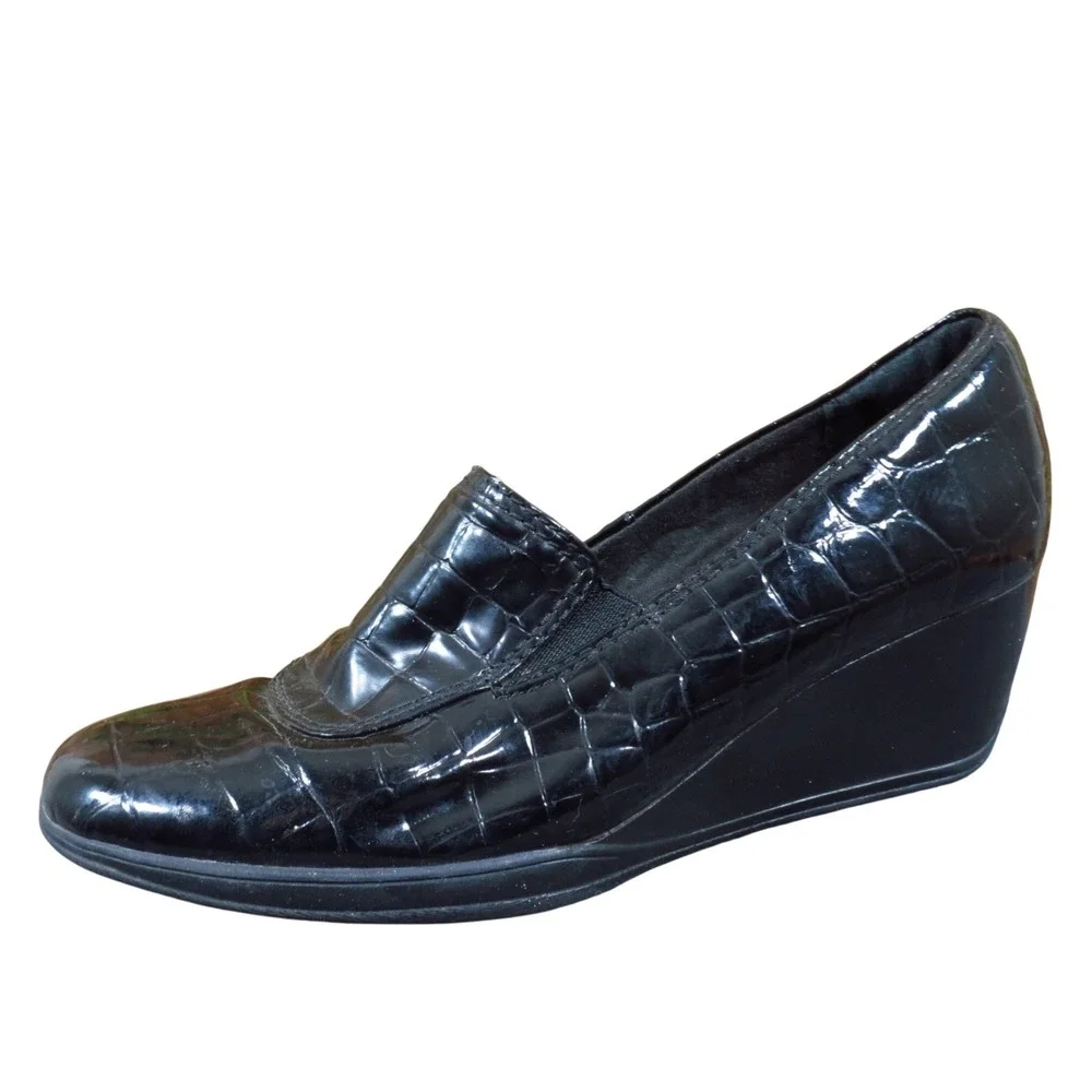 Clarks Bendables Womens Wedge Loafers Size 9 Black Faux Croc Comfort Work Shoes